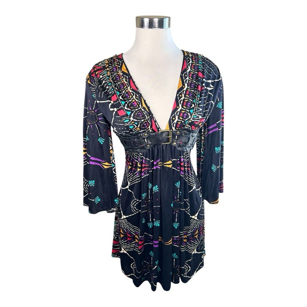 Sky Brand Goddess Mini Dress Belted Deep V Sz S Y2K Real Housewives Bell Sleeve